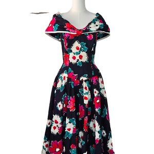 Lillie Rubin Vintage Flare Dress Small Off Shoulder Floral Design Summer